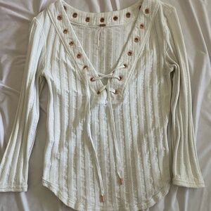 3/4 Sleeve White Ribbed Top with Gold Eyelet Detail - Free People